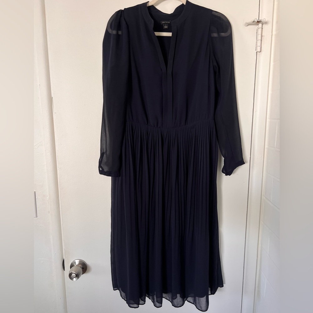 Ann Taylor Navy Pleated Long Sleeve Flare Dress